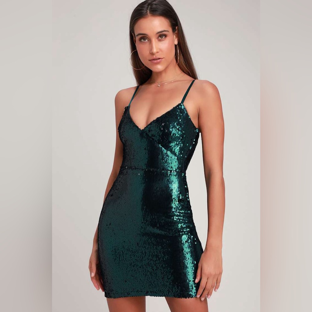 Lulus Glisten to Me Teal Green Sequin Surplice Mini Dress V Neck Size M